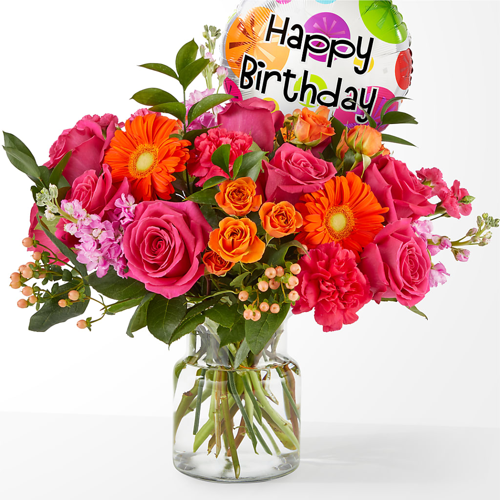 Fiesta Bouquet with Birthday Balloon – Nacogdoches Floral Company, Nacogdoches TX