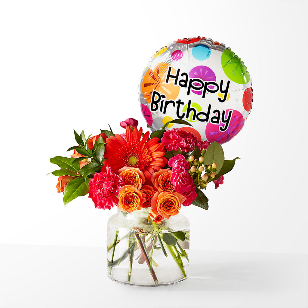 Fiesta Bouquet with Birthday Balloon – Nacogdoches Floral Company, Nacogdoches TX