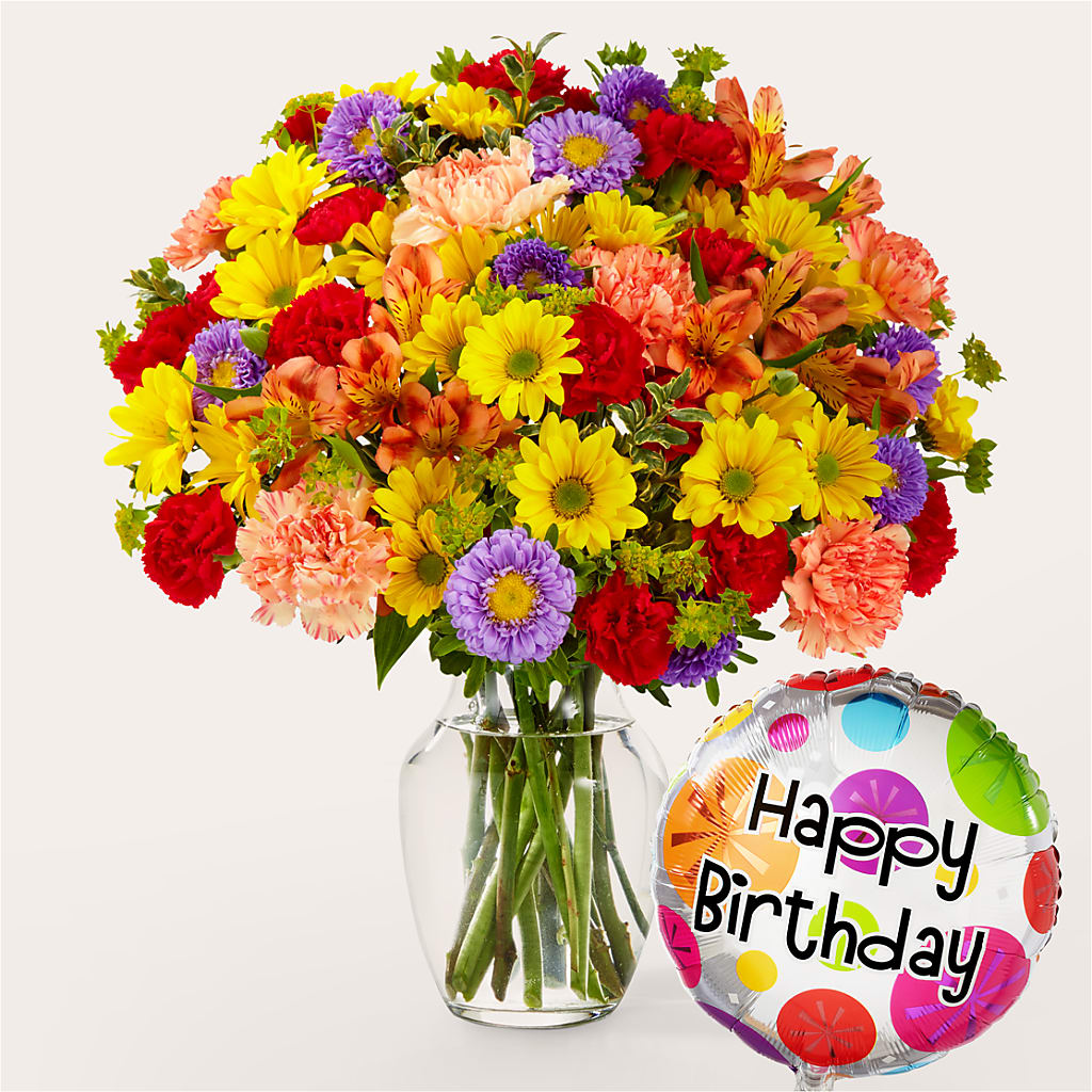 Kaleidoscope Bouquet with Birthday Balloon – Nacogdoches Floral Company, Nacogdoches TX