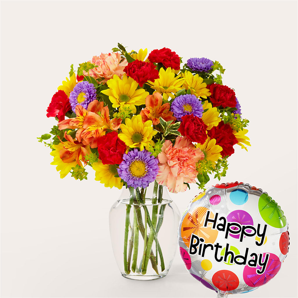 Kaleidoscope Bouquet with Birthday Balloon – Nacogdoches Floral Company, Nacogdoches TX