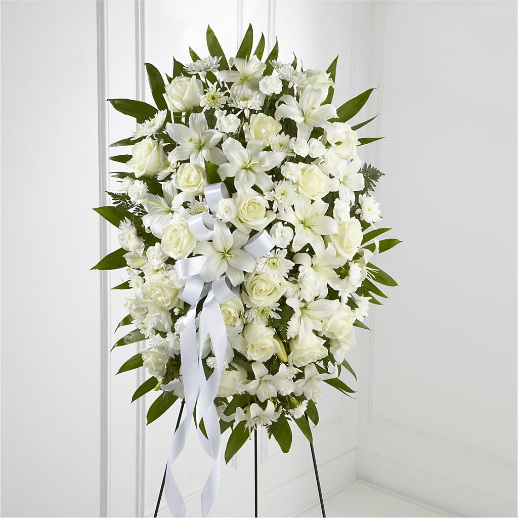 Exquisite Tribute Standing Spray-White Ribbon – Nacogdoches Floral Company, Nacogdoches TX