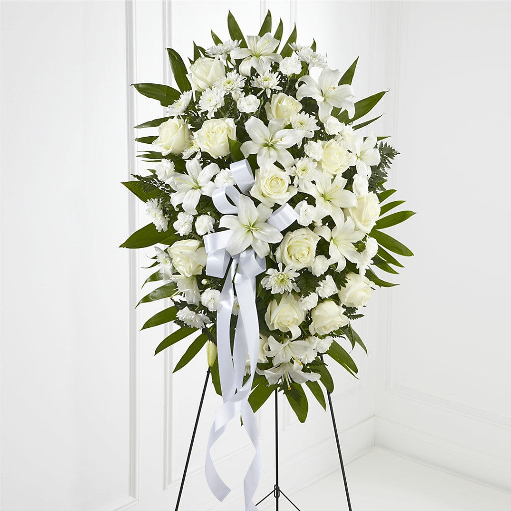 Exquisite Tribute Standing Spray-White Ribbon – Nacogdoches Floral Company, Nacogdoches TX